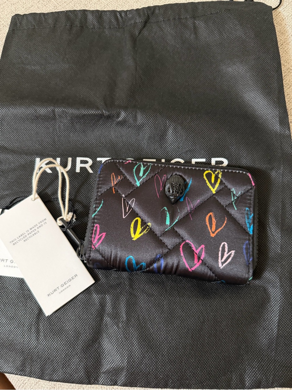 Kurt Geiger Black Quilted Heart Print Card Holder with Multicolor Hearts